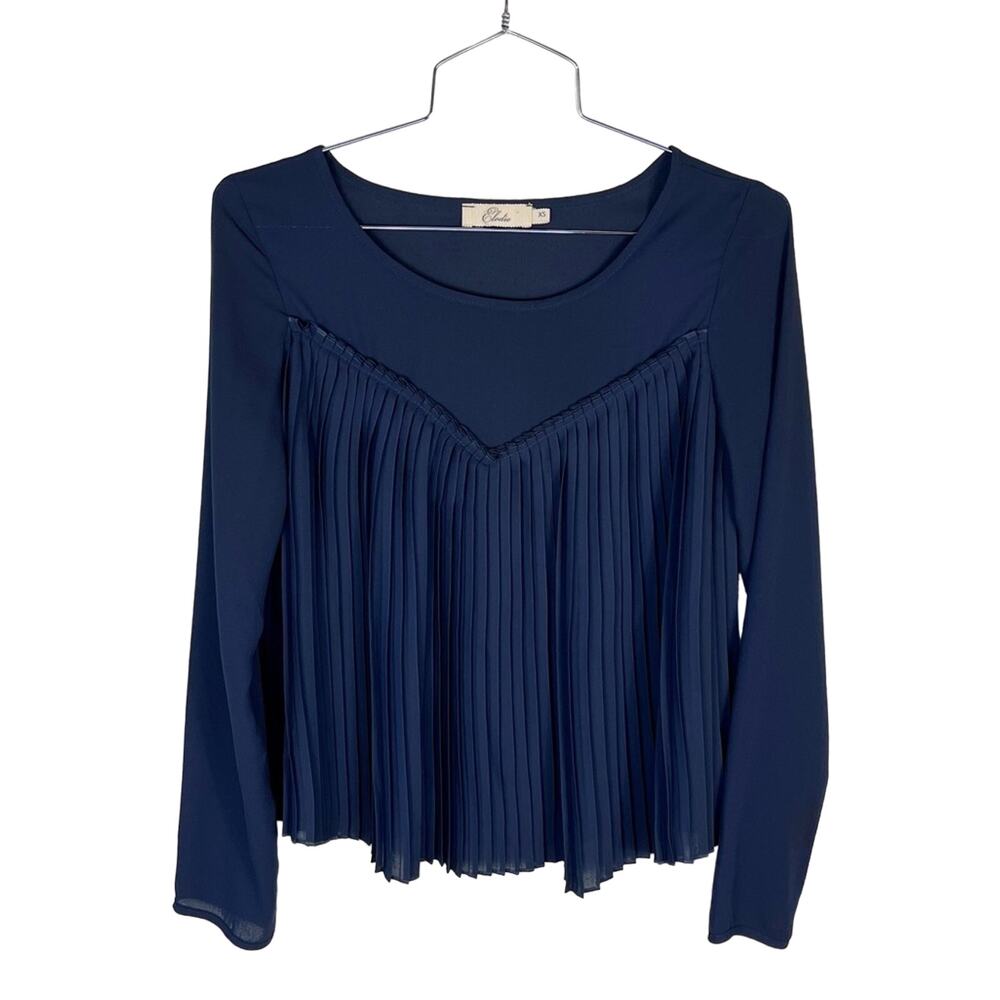 ELODIE (Nordstrom) | Navy Blue Long‎ Sleeve Pleated Semi-Sheer Blouse | Top